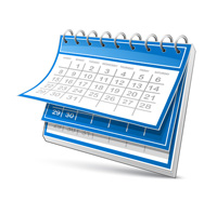A blue and grey desktop calendar.